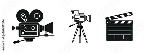 Fotografija Vintage Film Production Icons Set with Movie Camera, Clapperboard and Film Reel