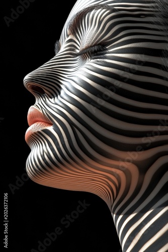 A profile view of a woman's face covered in black and white stripes, set against a black background. AI.