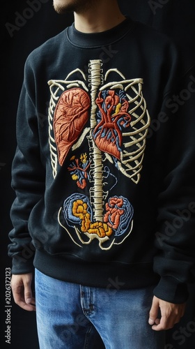 Man wears a black sweatshirt with an embroidered human torso anatomy graphic. AI.