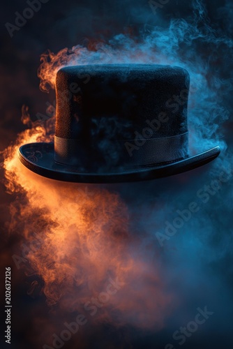 A black top hat floats surrounded by orange and blue smoke in a dark setting. AI.