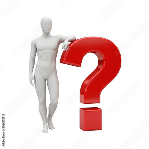 Mannequin leaning on a red question mark, isolated on transparent background