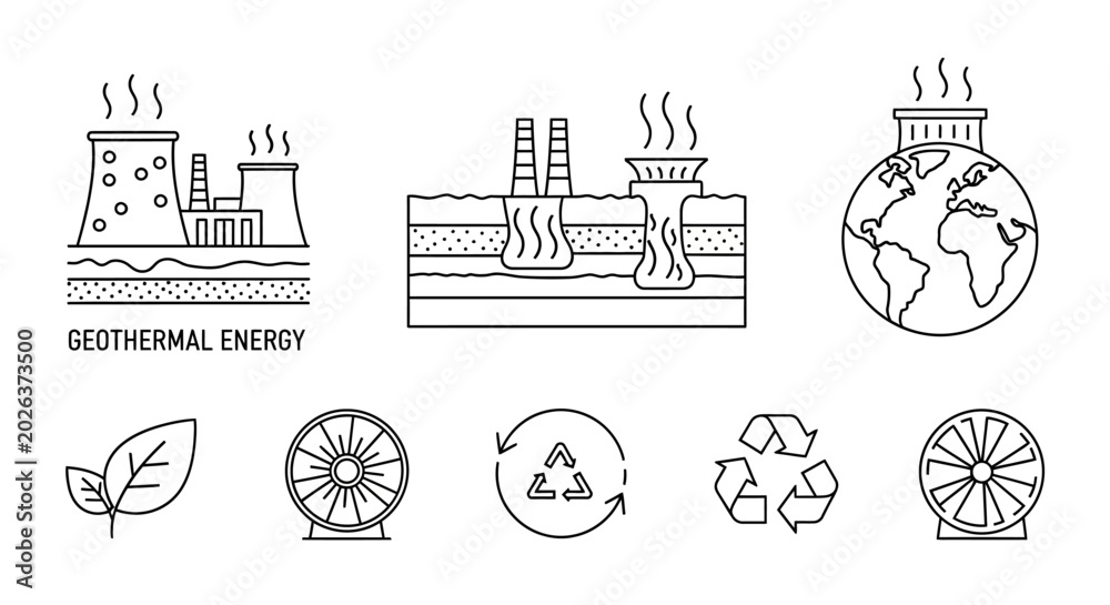 Obraz premium Sustainable Energy Line Icons Set Geothermal Power Plants, Renewable Resources, and Environmental Conservation Symbols