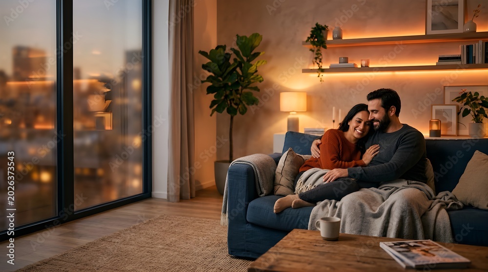 Obraz premium Happy couple relaxing on sofa in modern automated living room at home