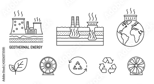 Sustainable Energy Line Icons Set Geothermal Power Plants, Renewable Resources, and Environmental Conservation Symbols