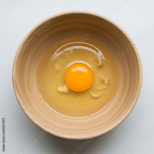 Overhead view of a single raw egg in a wooden bowl