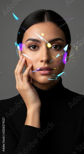 Portrait of a woman with futuristic holographic light fragments across face