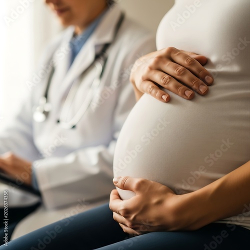 Pregnant woman's belly with doctor's hands in background