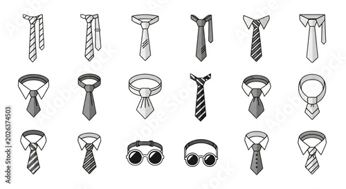 Konstfotografi Men Necktie and Cravat Collection with Shirt Collar and Sunglasses Flat Gray Vec