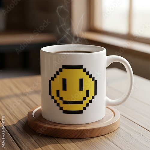 Steaming coffee in mug with pixelated smiley face