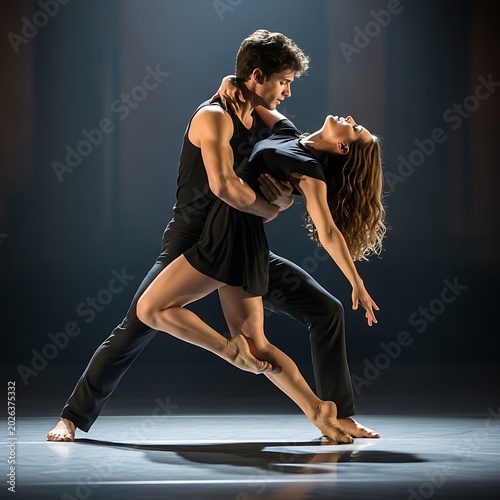 Two dancers in a graceful, synchronized embrace on stage