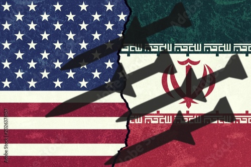 Tableau sur toile US fighter jets and Iranian missiles fly over flags representing war and tensions between US and Iran