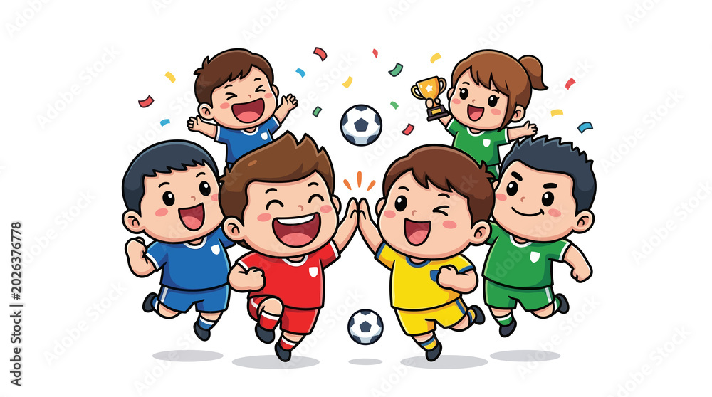 Fototapeta premium Happy cartoon kids jumping and celebrating soccer win with trophy isolated on transparent background