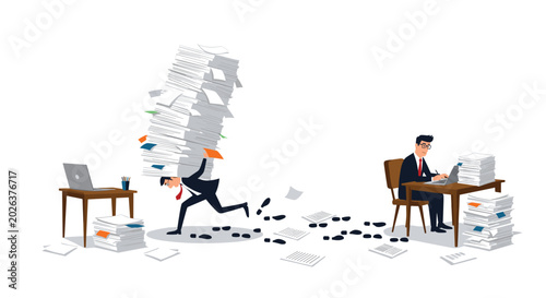 Overworked businessman carrying an extremely high stack of documents while another colleague works on a laptop under pressure.