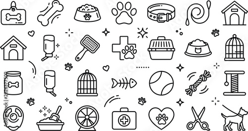 Quadro su tela Pet care and veterinary line icon collection featuring animal accessories groomi
