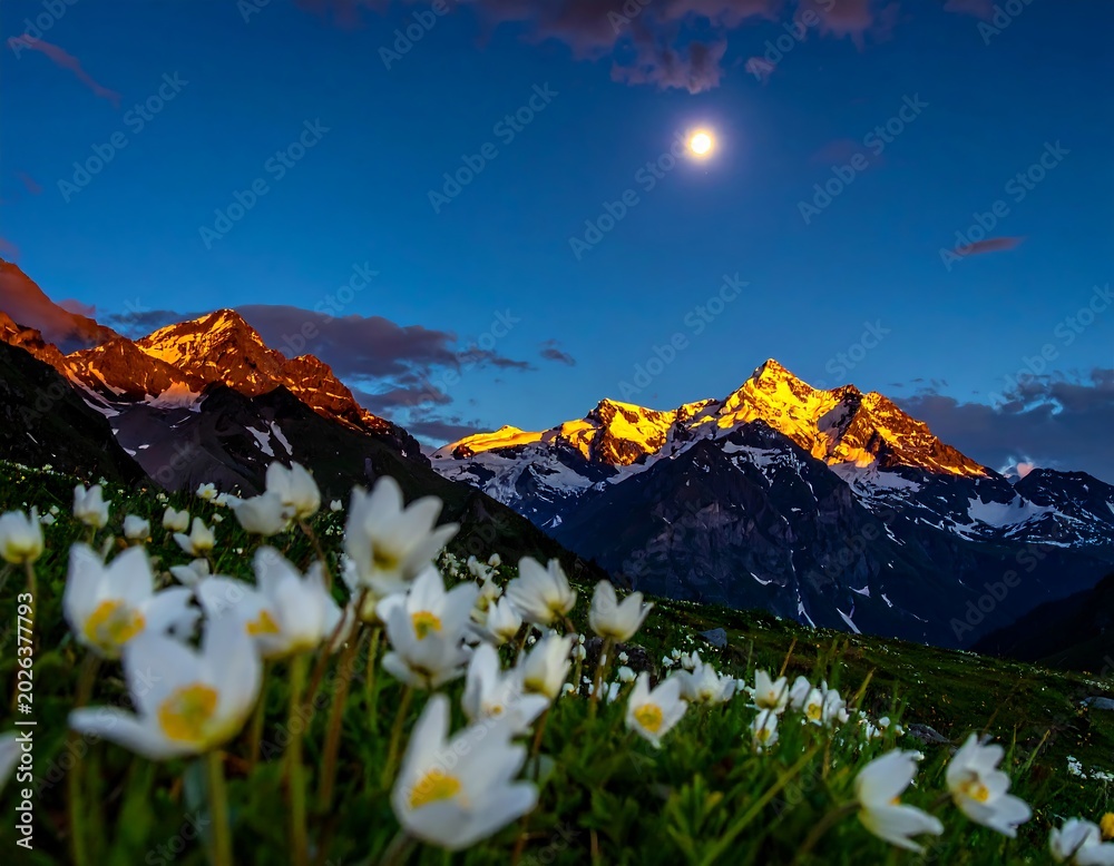 Fototapeta premium Mountain landscape with flowers at dusk nobody serene