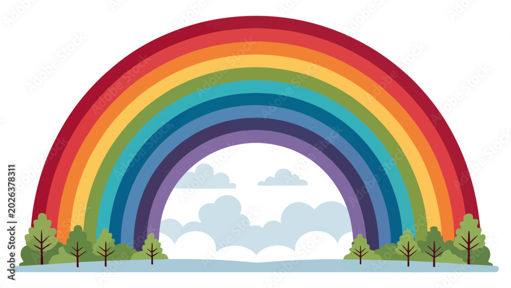 Fototapeta premium Rainbow arching over a stylized landscape with trees and clouds weather phenomenon digital art weather background sky background spectrum illustration atmospheric natural phenomenon creative
