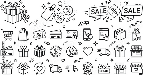 Canvas Print Sale and ecommerce line icon collection featuring discounts shopping gifts payme