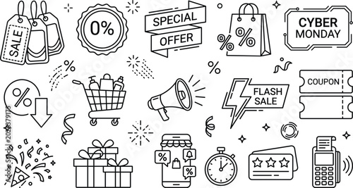Canvastavla Sale and shopping promotion line icon collection featuring discounts coupons fla