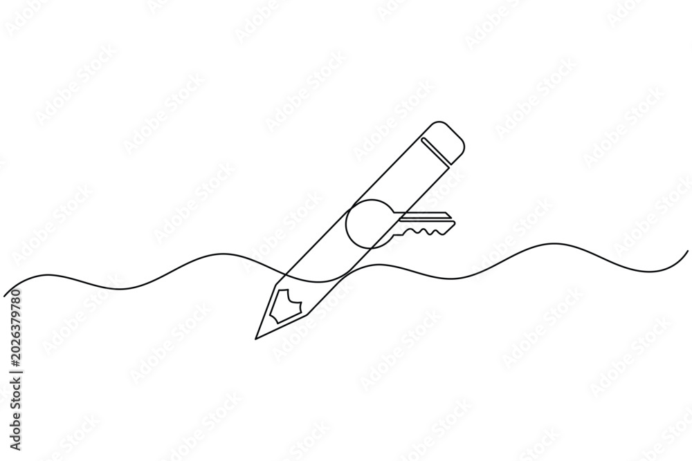 Obraz premium Pencil with key continuous one line drawing minimal creative sketch vector illustration