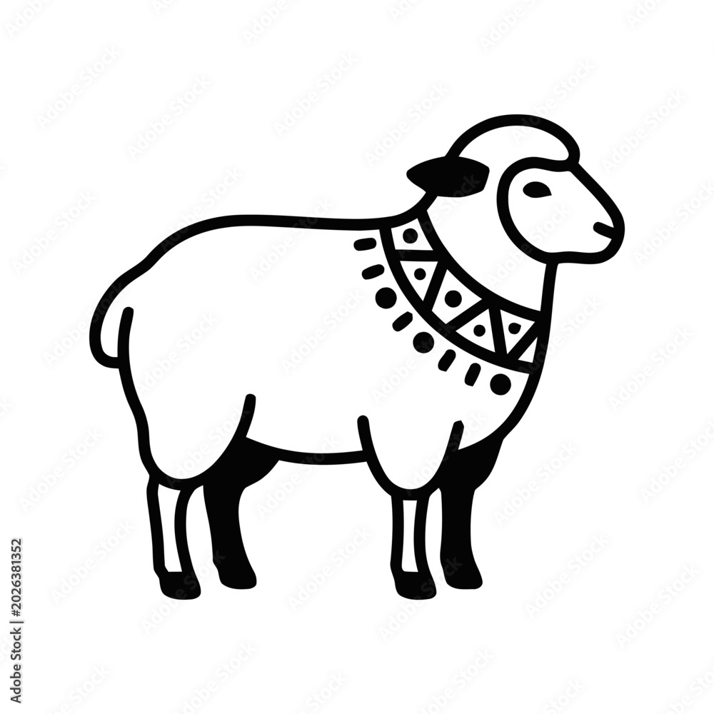 Fototapeta premium Sheep icon features a decorative pattern on its neck and is presented as a clean minimalist vector graphic for use in agricultural branding, textile design, or educational materials for children.