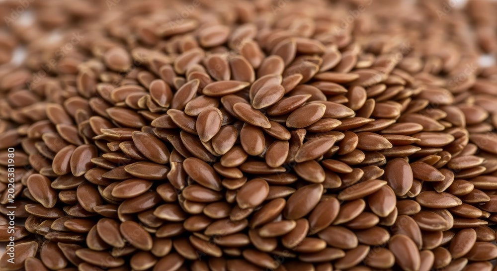 Obraz premium A detailed macro shot of glossy brown flax seeds piled together, showing the smooth texture and small teardrop shapes under soft lighting, detailed, superfood, nutrition