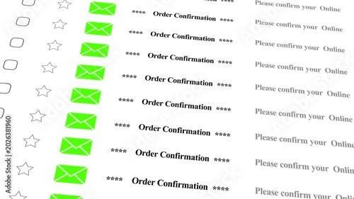 Digital order confirmation list with green email and online verification notifications