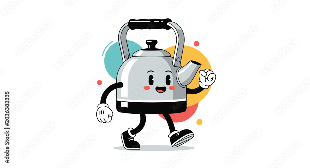 Fototapeta premium Cute cartoon silver kettle character walking with a happy face and arms in a playful kitchen themed illustration.
