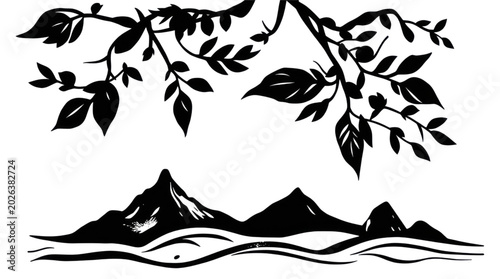 Photos Nature Inspired Minimalist Line Art with Tranquil Mountains and Flowing River Be