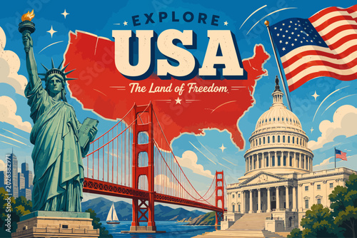 Vibrant travel poster showcasing iconic American landmarks like the Statue of Liberty, Golden Gate Bridge, and US Capitol, with a map of the USA.