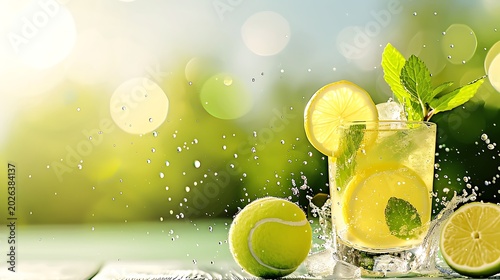 Refreshing tennis cocktail with fresh lemon slices and mint near tennis ball on court