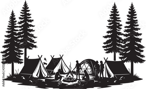 Black silhouette of people camping in forest with tents trees