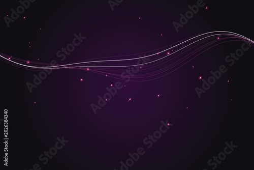 Фотография Swirling pink and white lines with glowing purple orbs on dark background, abstr