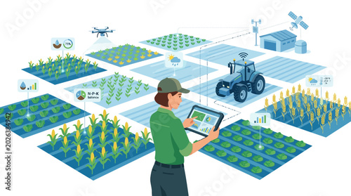Modern farmer utilizing smart farming technology to manage crops efficiently, enhancing agricultural productivity through data-driven insights and automated systems