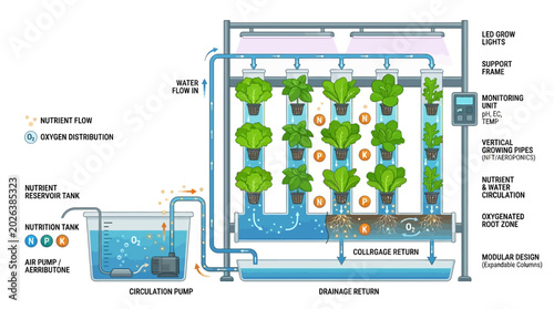 Hydroponic System Diagram Illustrating Vertical Farming Technology for Sustainable Agriculture and Efficient Plant Growth