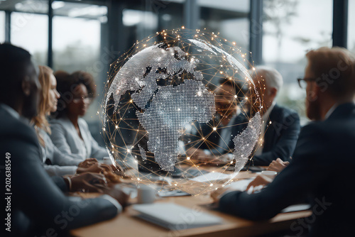Business people in a meeting with a digital globe and world network connections floating above.