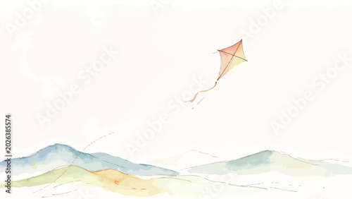 Minimalist Soft Watercolor Landscape of a Warm Orange Diamond Kite Drifting Over Gentle Rolling Misty Hills, Serene Nostalgic Mood
