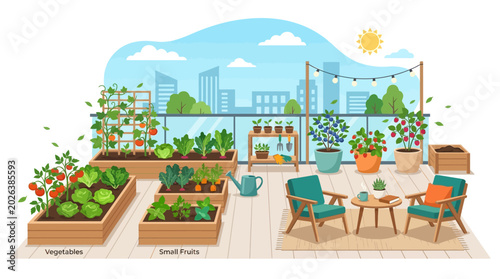 Urban rooftop garden oasis showcasing diverse vegetable and fruit cultivation with city skyline backdrop and relaxation area