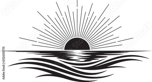 Black sun rising over water with wavy lines sunrise sunset