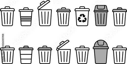 Photos Trash bin and recycling container icon collection featuring waste management gar
