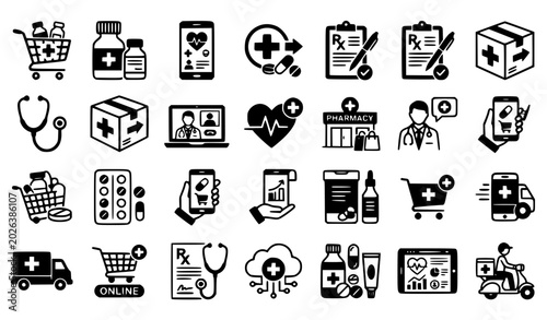 Canvastavla Healthcare e-commerce black and white vector illustration set