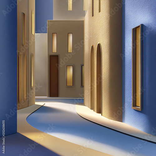 Minimal Mediterranean Alleyway with Blue and Beige Modern Architecture