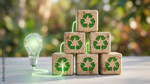 Glowing green energy lightbulb connected to stacked wooden cubes with recycling symbols, symbolizing eco-friendly innovation and sustainability.