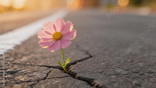 Pink cosmos flower growing in crack of asphalt road, symbolizing resilience and hope in harsh urban environment, nature reclaiming concrete street with golden sunset light