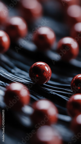 Closeup of shiny red beads on black strings, arranged in rows, with one bead in focus