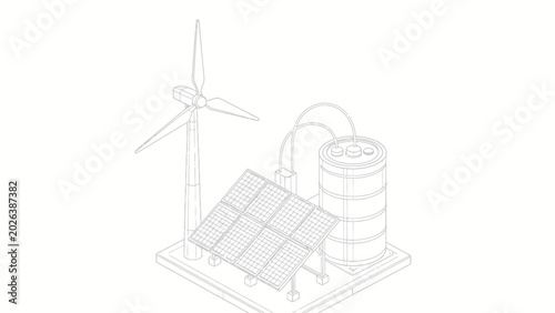 Isometric Monochrome Line Art Illustration of an Off-Grid Renewable Energy Microgrid with Wind Turbine, Solar Panel Array, and Stationary Battery Energy Storage