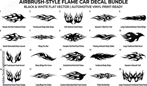 Bild auf Leinwand Airbrush style flame car decal bundle black and white flat vector automotive vin