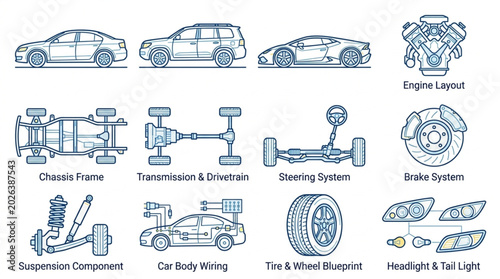 Photography Automotive Engineering Diagrams and Vehicle Components.