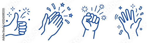 Cuadro en lienzo Hand gesture line icons set, thumbs up, clap, fist, wave outline art, blue