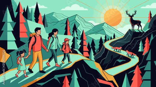 Fotografía Family Hiking on Mountain Trail Illustration with Wildlife and Forest Landscape