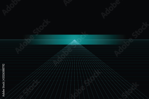 Tableau sur toile Teal grid lines receding into a dark horizon with a subtle glow blue black